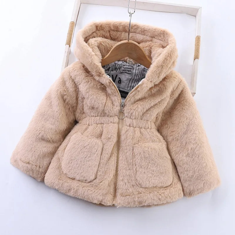 Baby Girls Sherpa Hooded Winter Coat with Pockets – Soft Plush Zip-Up Jacket