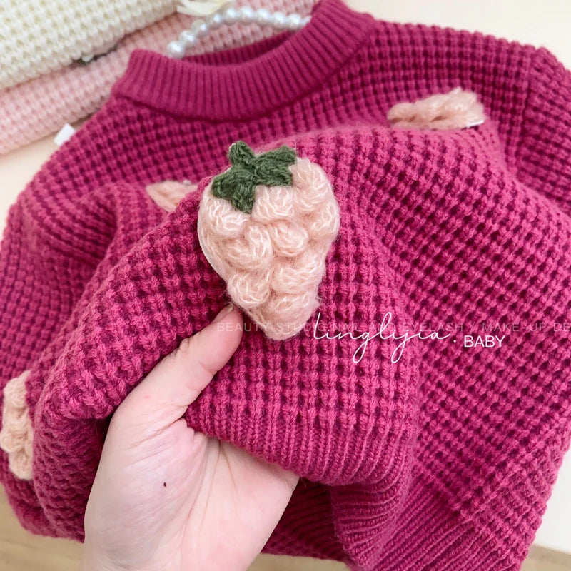 Girls Strawberry Knit Sweater – Cozy Textured Pullover (2–7 Years), Round Neck