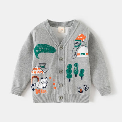 Unisex Kids Cotton Knit Cardigan Sweater (2–8 Years) – Button-Front V-Neck, Storybook Print