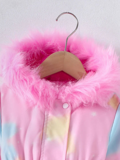 Little Girls' Fur-Trimmed Unicorn Parka Jacket – Plush-Lined Zip-Up Hooded Coat for Fall & Spring (4–7 years)