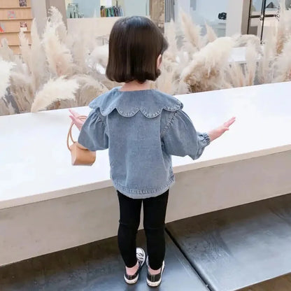 Scalloped & Lace-Collar Denim Jacket for Girls