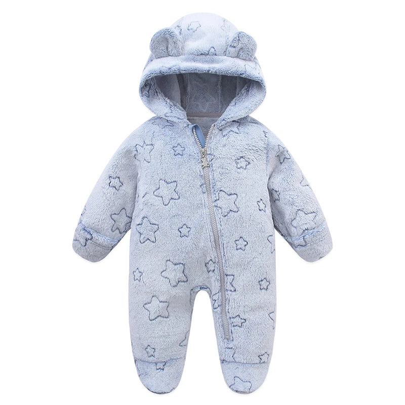 Plush Hooded Baby Jumpsuit – Cozy Flannel One-Piece with Bear Ears (0–12 Months)