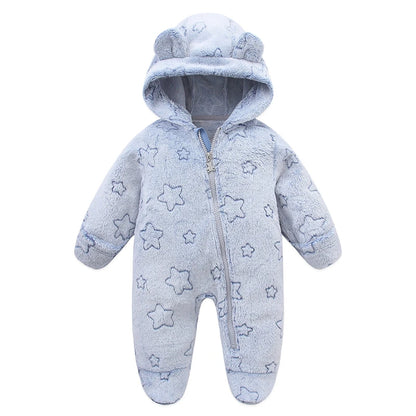 Plush Hooded Baby Jumpsuit – Cozy Flannel One-Piece with Bear Ears (0–12 Months)