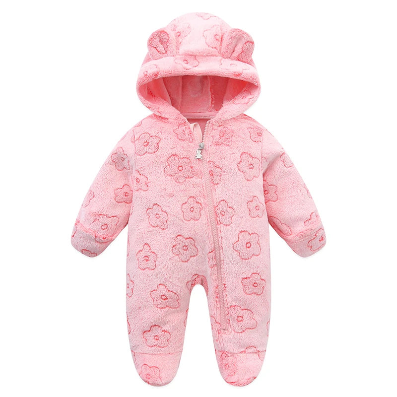 Plush Hooded Baby Jumpsuit – Cozy Flannel One-Piece with Bear Ears (0–12 Months)