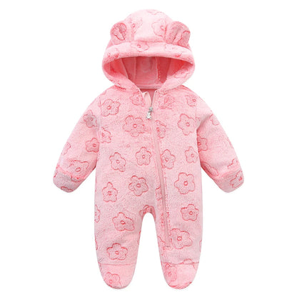 Plush Hooded Baby Jumpsuit – Cozy Flannel One-Piece with Bear Ears (0–12 Months)
