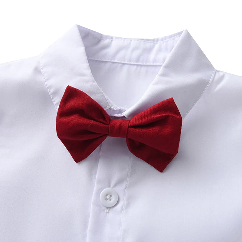 4-Piece Boys Formal Set – Bow Tie Shirt, Star Suspenders & Shorts for Weddings