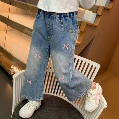 Pink Bow Wide-Leg Denim Jeans for Girls