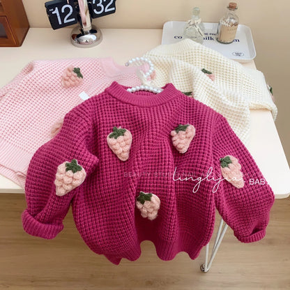Girls Strawberry Knit Sweater – Cozy Textured Pullover (2–7 Years), Round Neck