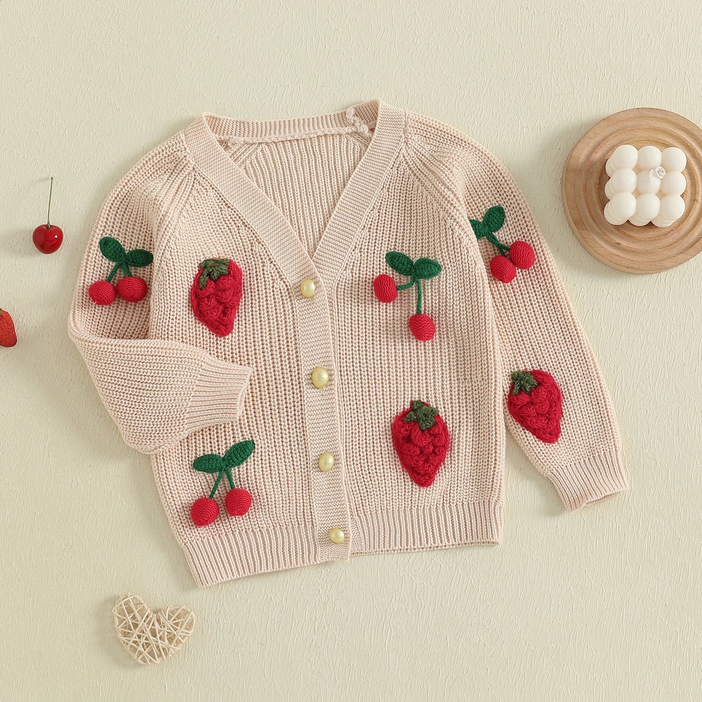 Cherry Knit Button-Up Cardigan for Toddlers and Kids – Soft V-Neck Sweater