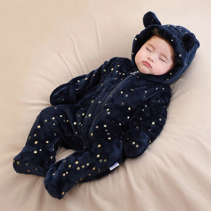 Plush Hooded Baby Jumpsuit – Cozy Flannel One-Piece with Bear Ears (0–12 Months)