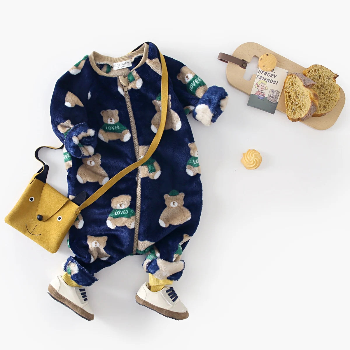 Cozy Teddy Bear Print Fleece Romper for Babies & Toddlers