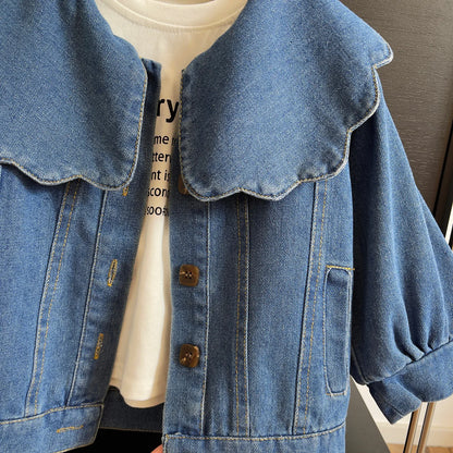 Scalloped Sailor Collar Denim Jacket for Girls