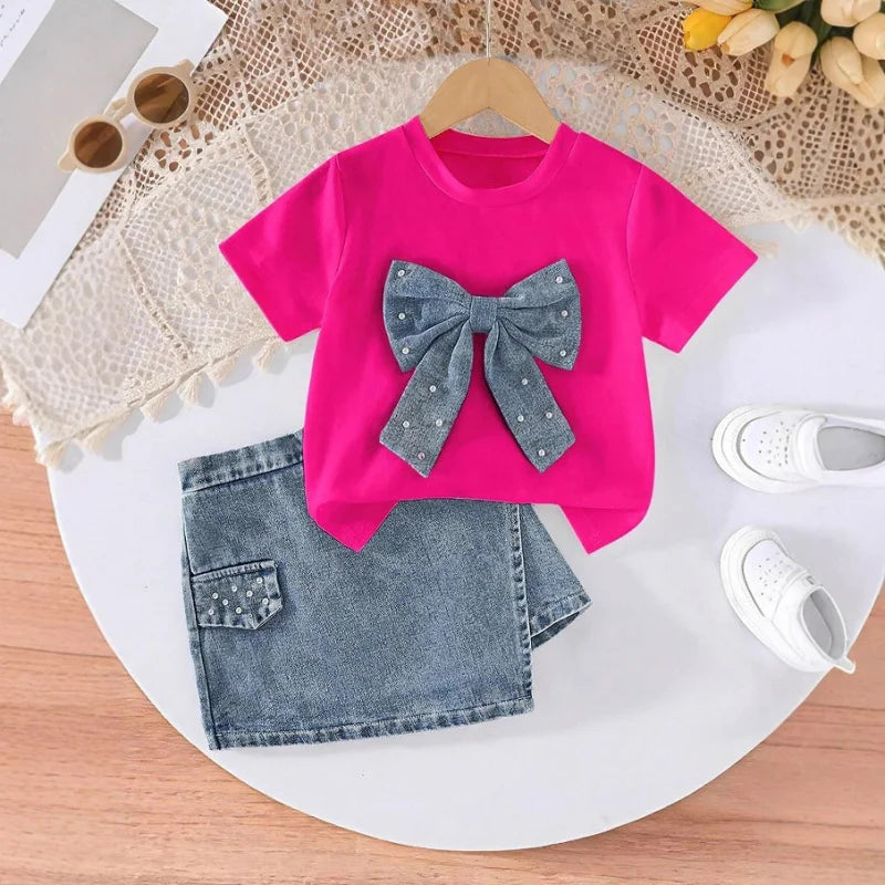 Pearl Bow Tee & Denim Wrap Skirt Set for Girls