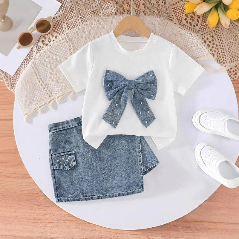 Pearl Bow Tee & Denim Wrap Skirt Set for Girls
