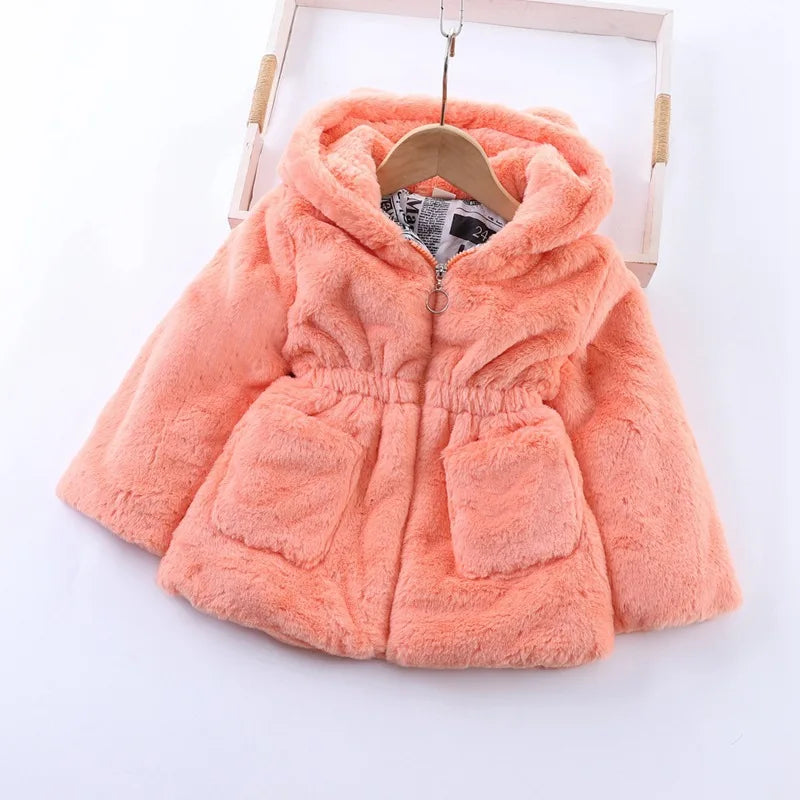 Baby Girls Sherpa Hooded Winter Coat with Pockets – Soft Plush Zip-Up Jacket