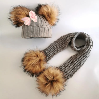 Double Pom Knit Beanie & Scarf Set with Bow