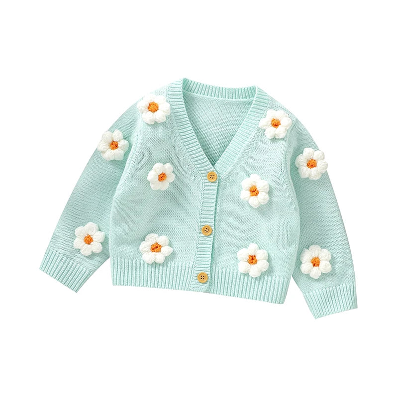 3D Daisy V-Neck Knit Cardigan for Baby Girls