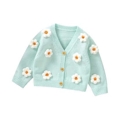 3D Daisy V-Neck Knit Cardigan for Baby Girls
