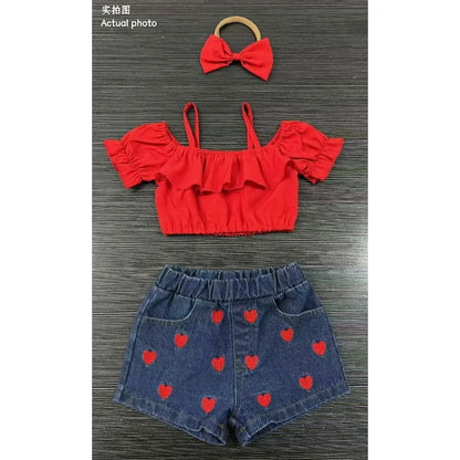 Heart & Ruffle Girls’ Summer Top and Denim Shorts Set
