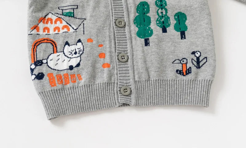 Unisex Kids Cotton Knit Cardigan Sweater (2–8 Years) – Button-Front V-Neck, Storybook Print