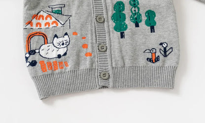 Unisex Kids Cotton Knit Cardigan Sweater (2–8 Years) – Button-Front V-Neck, Storybook Print