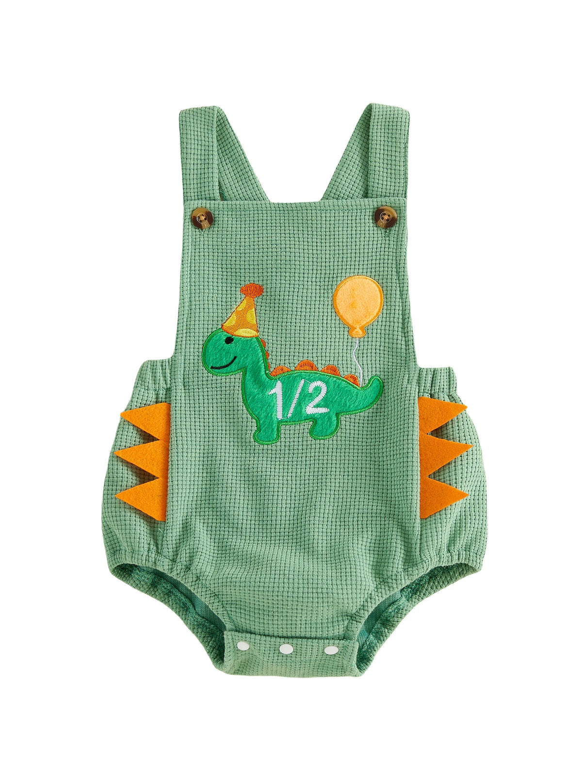 Dino Half-Birthday Waffle-Knit Overall Romper for Baby Boys