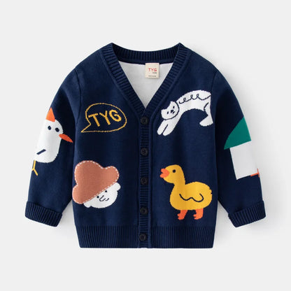 Unisex Kids Cotton Knit Cardigan Sweater (2–8 Years) – Button-Front V-Neck, Playful Prints