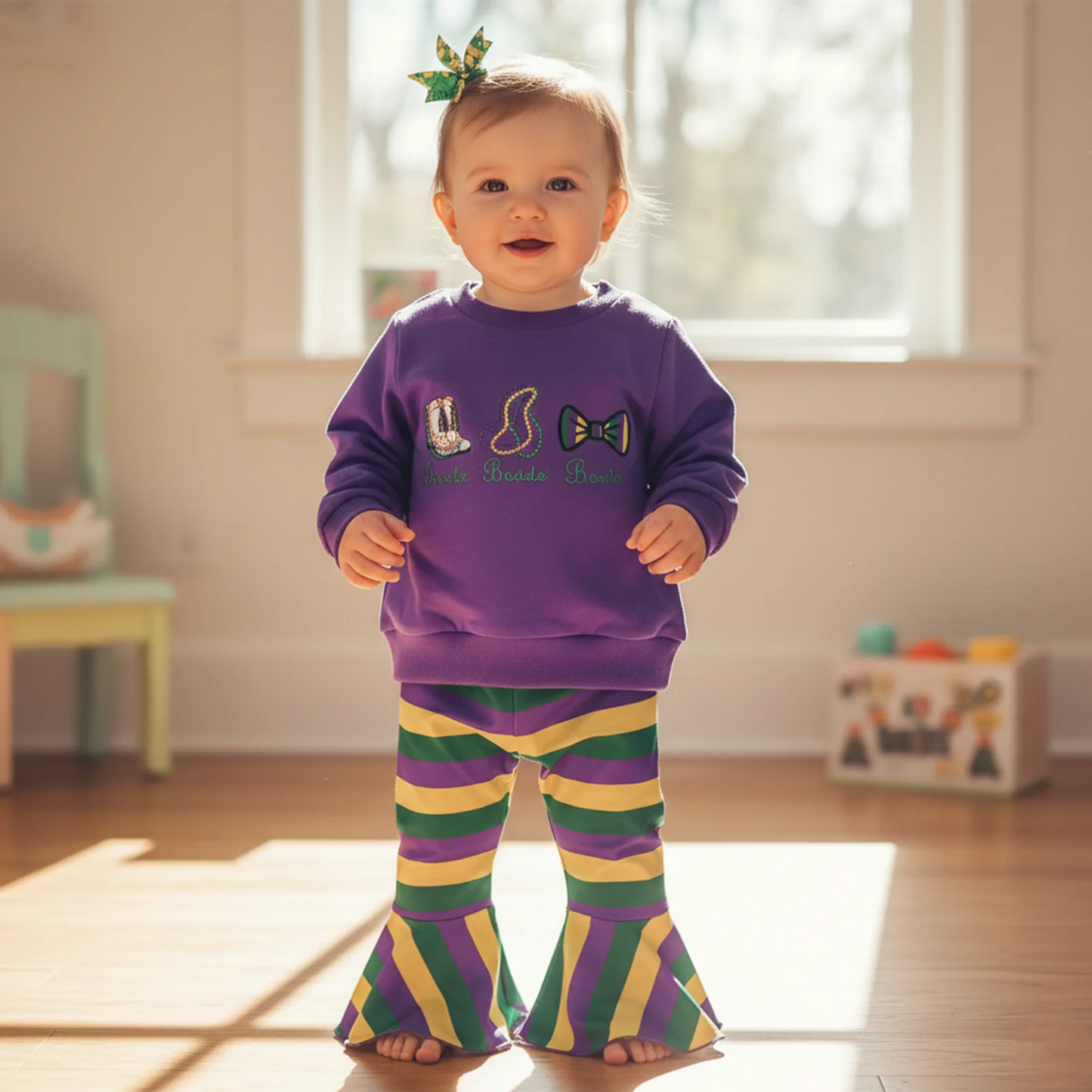 Embroidered Sweatshirt & Striped Flare Pants Set for Girls