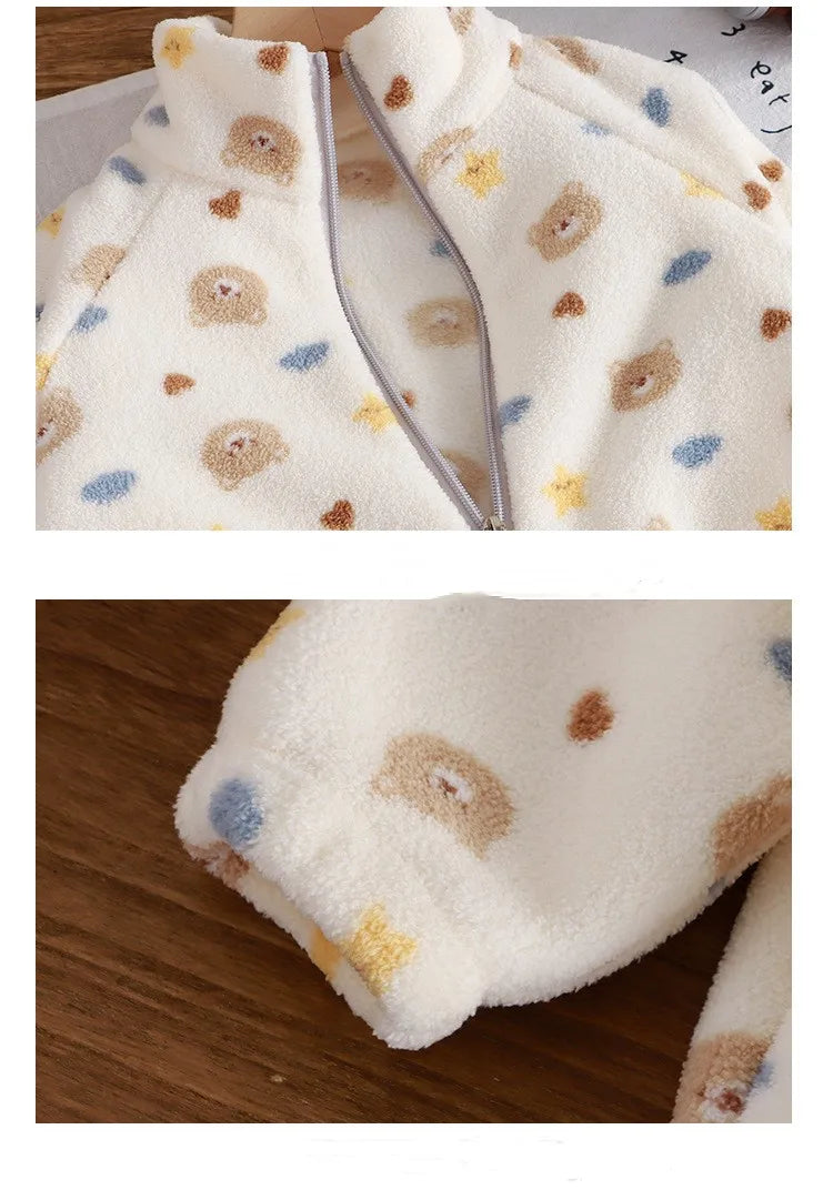 Cozy Fleece Two-Piece Lounge Set for Babies & Toddlers – Plush Cartoon Top + Matching Pants