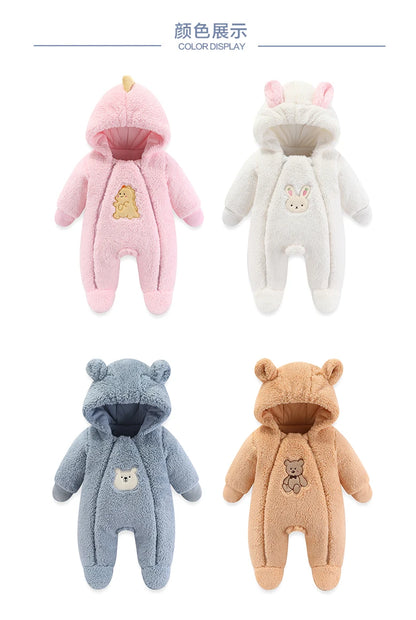 Cozy Critter Winter Romper – Hooded Plush Jumpsuit (0–12 Months)
