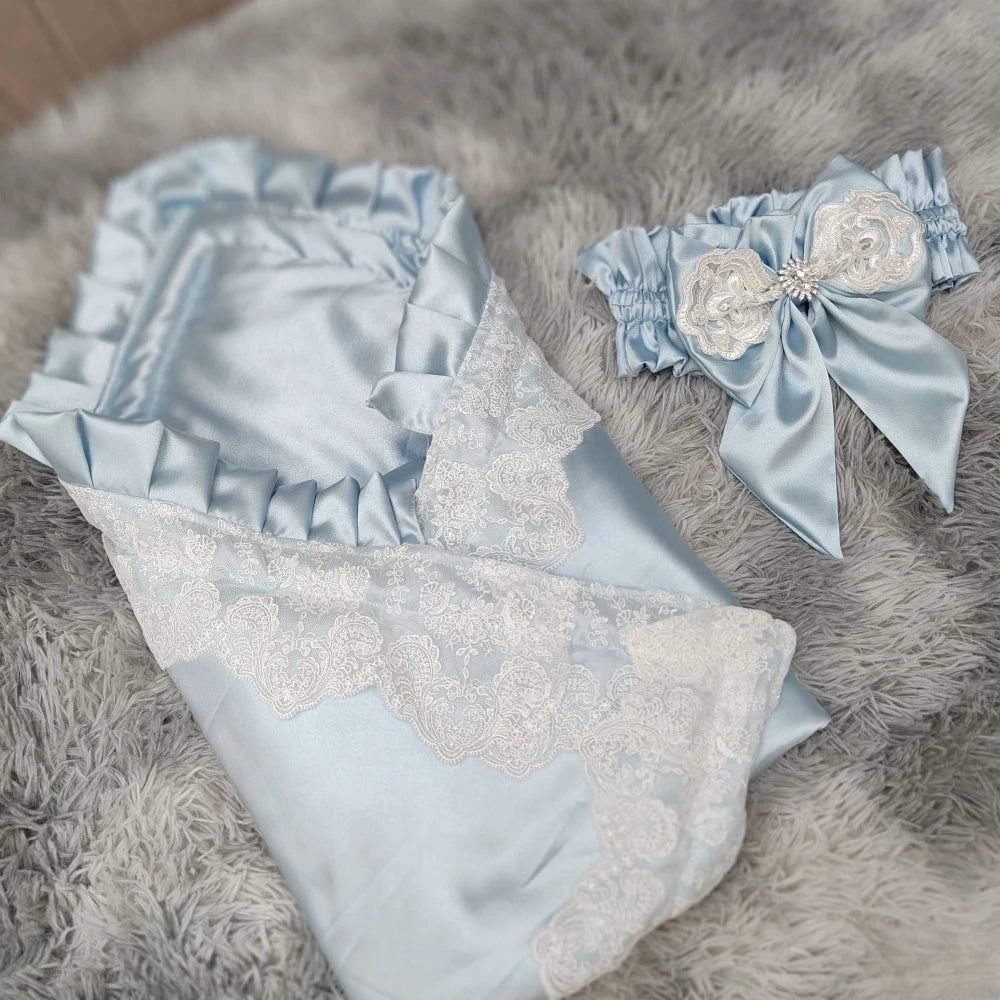 Lace-Trim Satin Baby Swaddle Blanket with Floral Bow