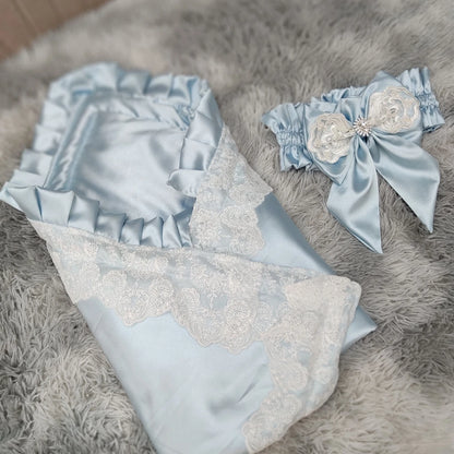Lace-Trim Satin Baby Swaddle Blanket with Floral Bow