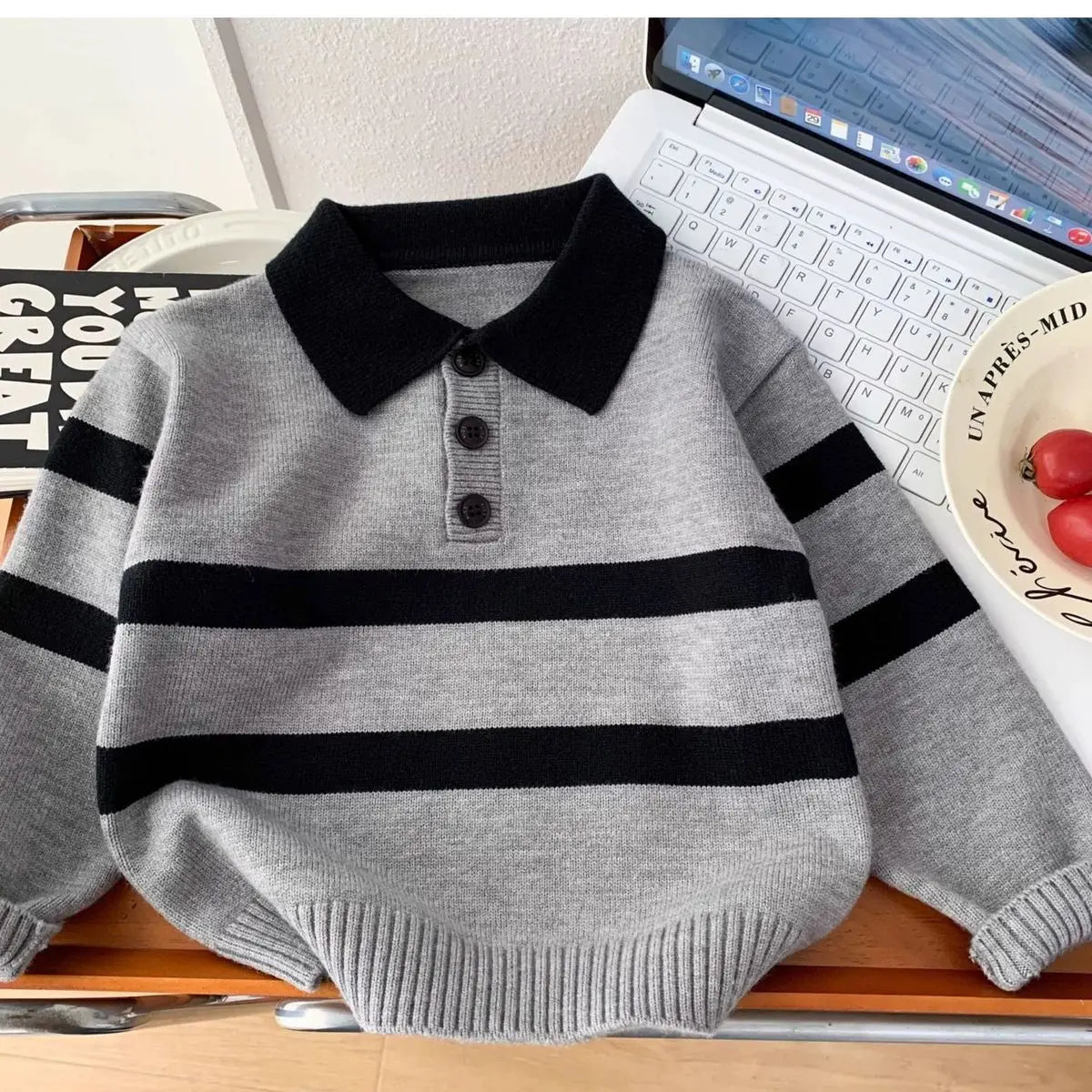 Gray & Black Striped Knit Polo Sweater for Kids