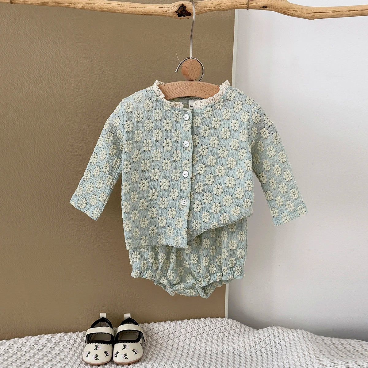 Textured Floral Button Top & Bloomer Set for Girls