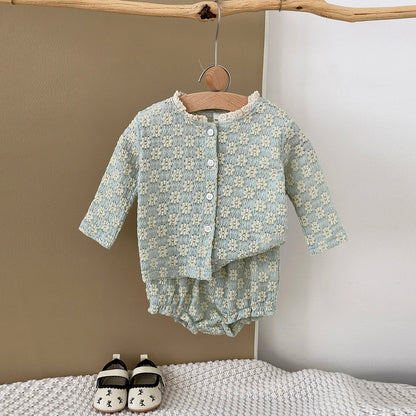 Textured Floral Button Top & Bloomer Set for Girls