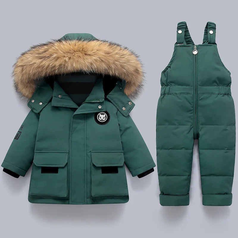 Faux Fur Hooded Down Jacket & Snow Bib Overalls Set for Kids