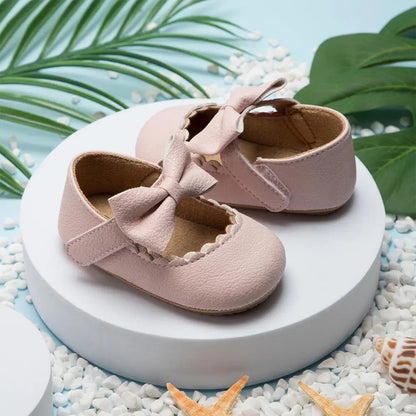 Scalloped Bow Mary Jane Baby Shoes with Non-Slip Soles