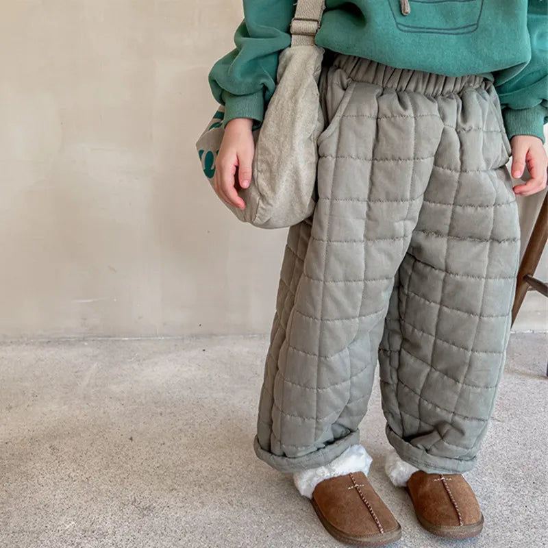 Grid-Quilted Loose Fit Winter Pants for Kids