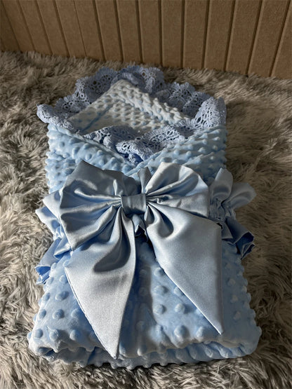Lace-Trim Satin Baby Swaddle Blanket with Floral Bow
