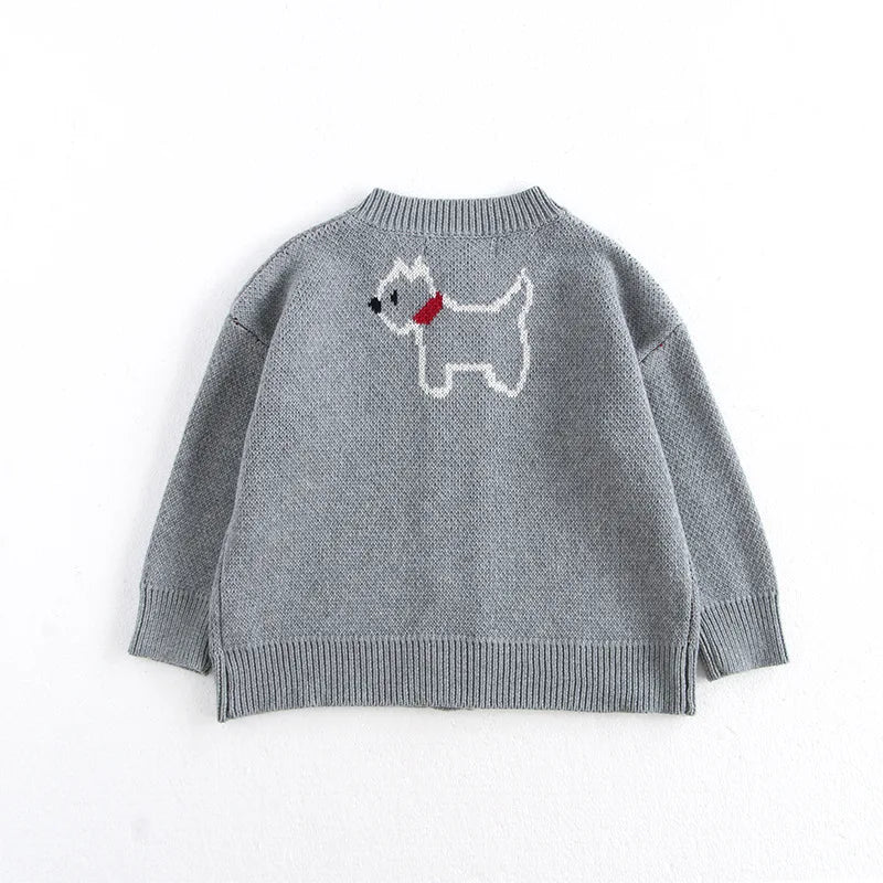 Unisex Kids Dog Knit Cardigan Sweater (18–24 Months to 8 Years) – Button-Front, Cozy Crew Neck