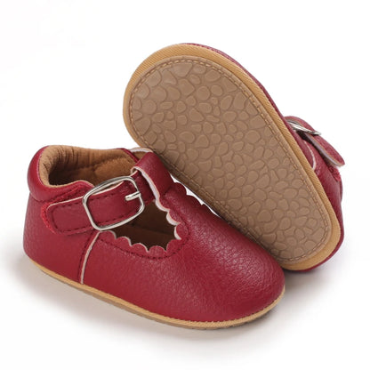 Scalloped T-Strap Baby Mary Jane Shoes with Bows & Cutout Details