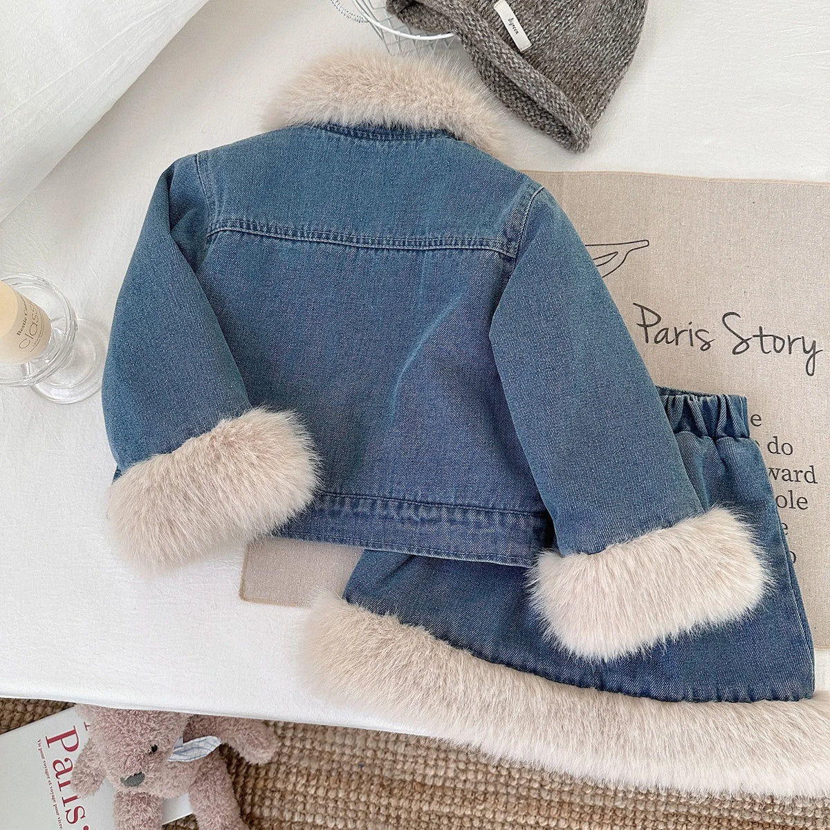 Faux Fur Trim Denim Jacket & Skirt Set for Girls