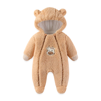 Cozy Critter Winter Romper – Hooded Plush Jumpsuit (0–12 Months)