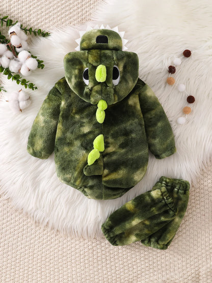 Plush Dinosaur Baby Romper with Hood & Matching Sock Covers