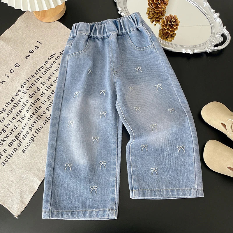 Embroidered Mini Bow Wide-Leg Jeans for Girls