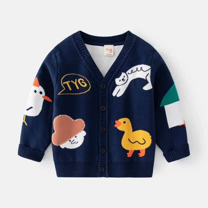 Unisex Kids Cotton Knit Cardigan Sweater (2–8 Years) – Button-Front V-Neck, Playful Prints