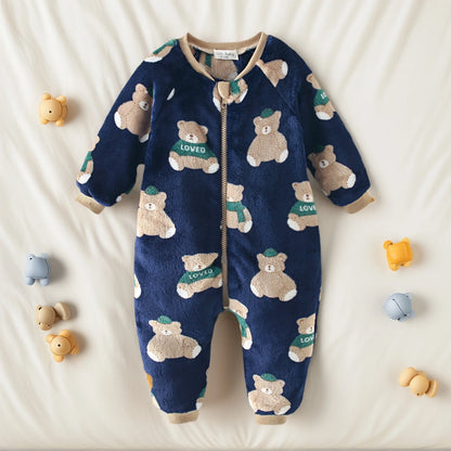 Cozy Teddy Bear Print Fleece Romper for Babies & Toddlers