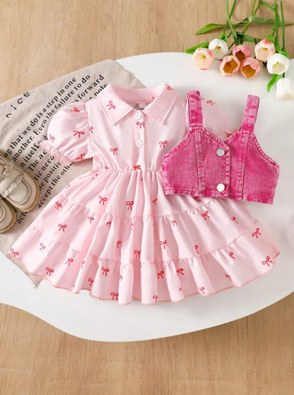 Bow-Print Tiered Dress & Cropped Denim-Look Vest Set for Baby Girls