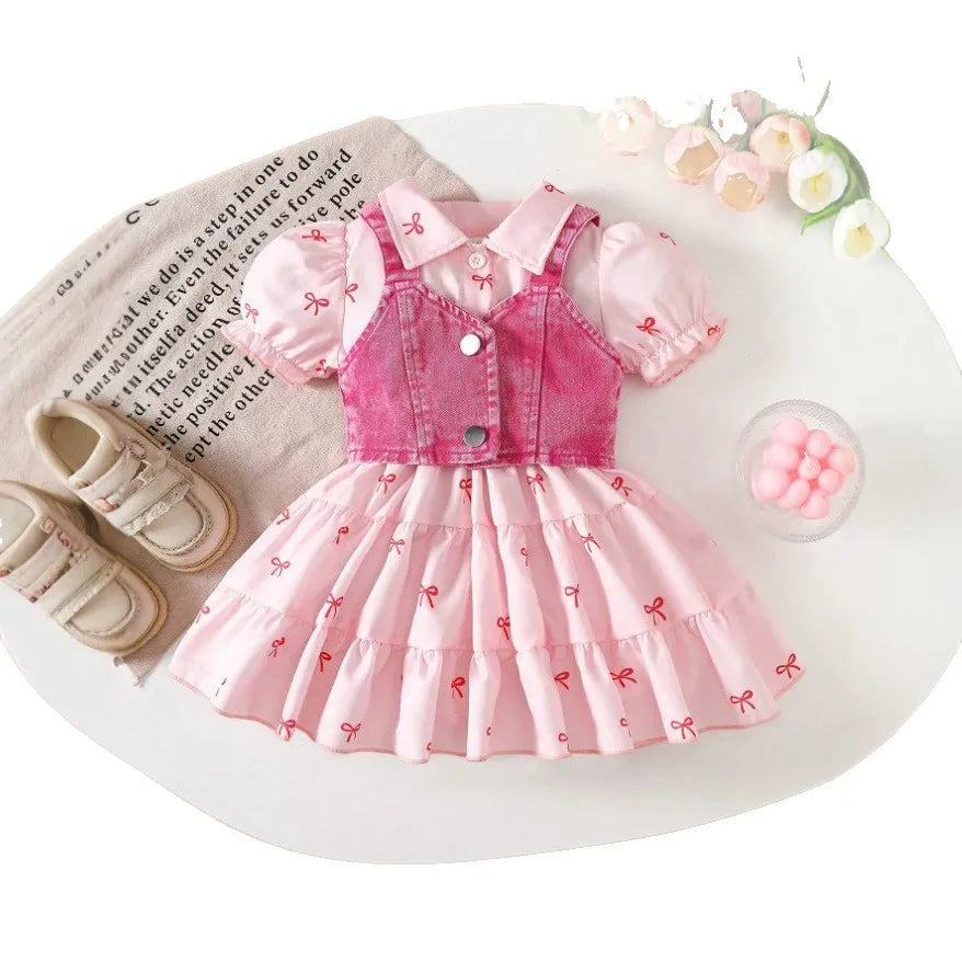Bow-Print Tiered Dress & Cropped Denim-Look Vest Set for Baby Girls
