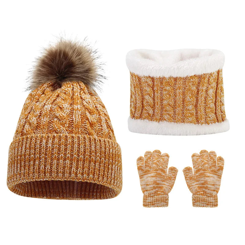 Soft-Knit Pom Pom Winter Trio: Cozy Beanie, Plush Infinity Scarf & Gloves Set